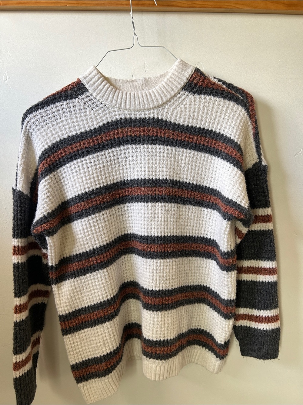 Cream Stripe Knit Sweater - Casual Crewneck